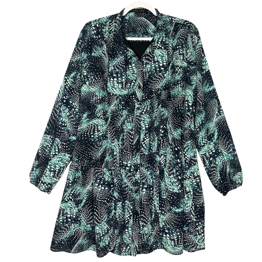 Cynthia Steffe Abstract Chiffon Pleated Tie Neck Dress Sz 8‎ Peacock Maximalist